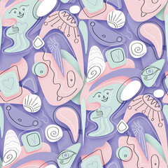 Seamless Pattern with Cute Faces on Abstract Stains. Decorative Design for Prints, Fabrics, Wallpapers etc. Abstract Ornate Art. Modern Style. Vector 3d Illustration