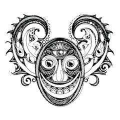 Demon with Scary Eyes Looking Into the Soul. Phantasmagorical Surreal Design. Vintage Stamp Stylization with Abstract Stains. Vector Illustration