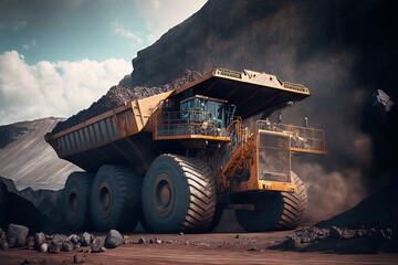 mining of magnetite and iron ores in open pits. iron ore loading into a large dump truck at an open pit mine. Generative AI