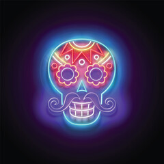 Dia de Los Muertos Greeting Card Template with Sugar Male Skull, Calavera. Day of the Dead Postcard. Shiny Neon Poster, Flyer, Banner, Postcard, Invitation. Glossy Background. Vector 3d Illustration