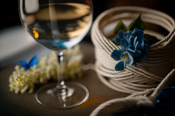 Glass of white wine, flowers and rope