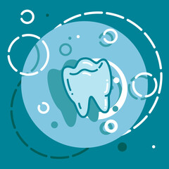 Flat blue tooth icon. Dental treatment symbol. Dentist logotype template with white circles.