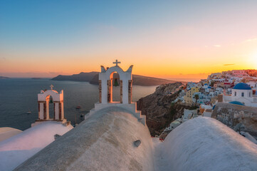 Panoramic view on Oia village at dusk, Santorini island GR