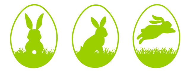 Happy Easter holiday banner illustration vector - Symbol cartoon set of green silhouette of easter egg and easter bunny isolated on white background