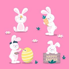 Conjunto de colección de conejos de pascua felices en diferentes poses