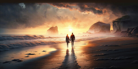 Romantic couple walking on a Breathtaking Beach at Sunset