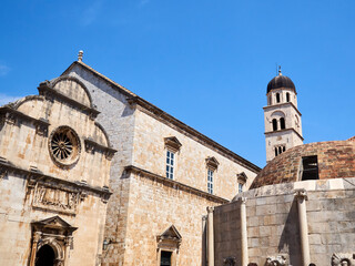 View of St Saviour church, large Onofrio's fountain and the Franciscan  Church and Monastery in Stradun, the main street of Dubrovnik Old Town. Croatia, Europe