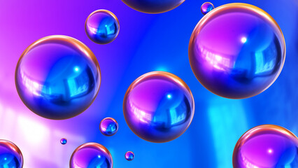 Shiny colored balls abstract background, 3d purple blue metallic glossy spheres as desktop wallpaper, 3D render illustration.
