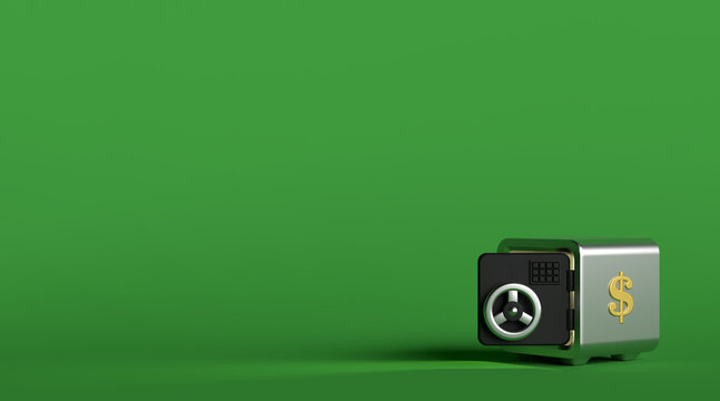 3d render, closed metallic safe box isolated on green background. Frontal view. Banking safety