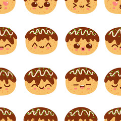 Takoyaki balls or Octopus balls asian food vector seamless pattern. Cute famous Japanese snack texture.