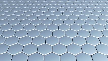Blue hexagons 3D geometric background, shiny metallic honeycomb pattern