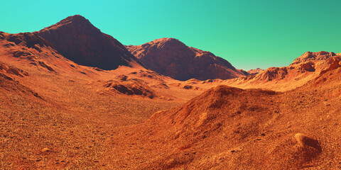 Fototapeta na wymiar Mars landscape, 3d render of imaginary mars planet terrain, science fiction view of planet mars illustration.