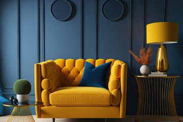 Living room in the trendy colors of yellow mustard and navy blue . Large room with bright accent sofa and cozy armchair. Luxury furniture and design. Modern background for art. Generative AI - obrazy, fototapety, plakaty