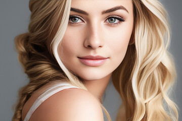 Close-up portrait of a beautiful young blonde woman. Health, skincare, cosmetics model. Generated with AI - obrazy, fototapety, plakaty