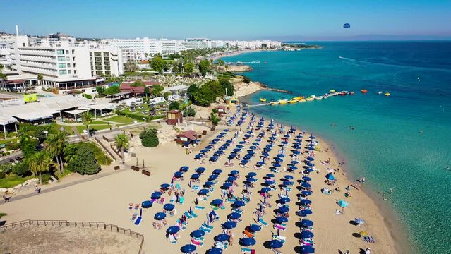 Fig Tree beach and hotels in Protaras resort in Cyprus, 4k video