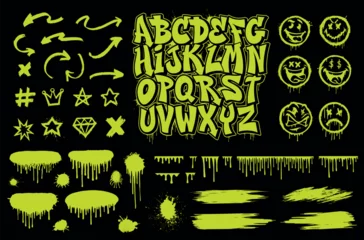 Fotobehang Graffiti Vector Graphics set, includes font, different designs elements such as smiles, arrows, spray drops and other images © Harry Kasyanov