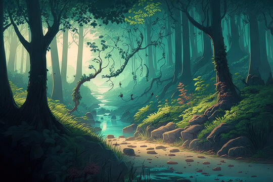 Morning Forest Digital CG Artwork from a Video Game, Concept Illustration, and a Realistic Cartoon Background. Generative AI