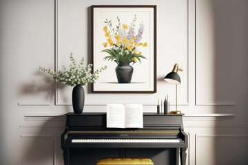 Elegant composition at living room interior with black piano, gold mock up poster frame, spring flowers, decoration, lamp and stylish presonal accessories in modern home decor. Generative AI