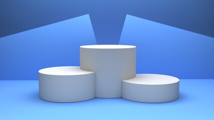 3d rendering of abstract white
cylindrical step pedestal podium on blue background, minimalistic empty showcase template with geometric backdrop