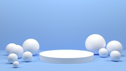 3d rendering of white cylindrical podium and spheres on blue background. Blank minimalistic empty showcase template, mock up, art deco shop display