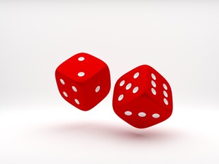 Red rolling dices on white background. Casino gambling concept. 3D illustration.