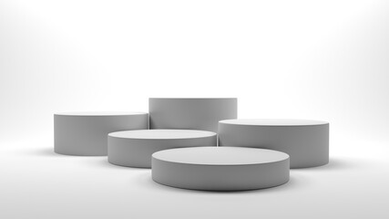 Gray realistic 3D cylinder steps pedestal podium set. White minimal scene for products showcase.