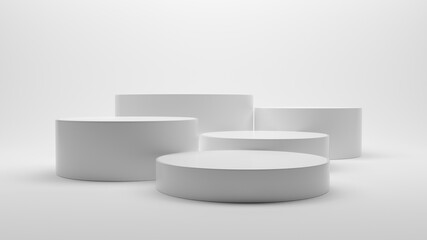 White realistic 3D cylinder steps pedestal podium set. Gray minimal scene for products showcase.
