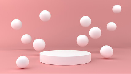 White realistic cylinder pedestal podium with bouncing balls on coral background. Abstract minimal scene for product stage showcase. 3D rendering