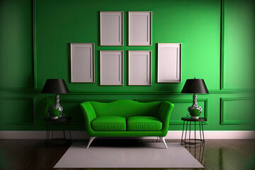 A bright green interior room with four picture frames on the wall and an empty ottoman in the middle is used to display posters. Generative AI