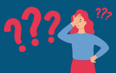 The woman is holding her head. Woman thinks about something and looks at question marks yes or no. Vector illustration. 