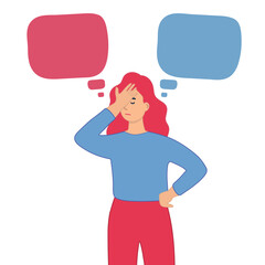 choice; option; ponder; woman; speech; variation; woman thought; doubt; opinion; Choice concept; portrait; avatar; young; emotion; thought; panic; fork; think; question; yes; no; disbelief; hesitancy;