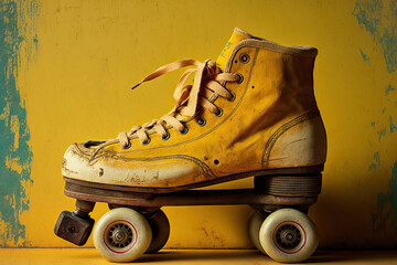 Old, battered roller skates with thick shoelaces on a yellow wall. Generative AI