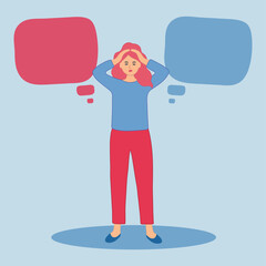 The woman screams and is indignant. Unable to choose between two options. Flat cartoon vector illustration.