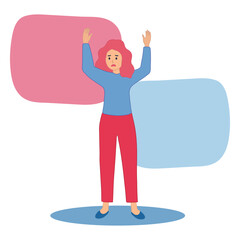 The woman screams and is indignant. Unable to choose between two options. Flat cartoon vector illustration.