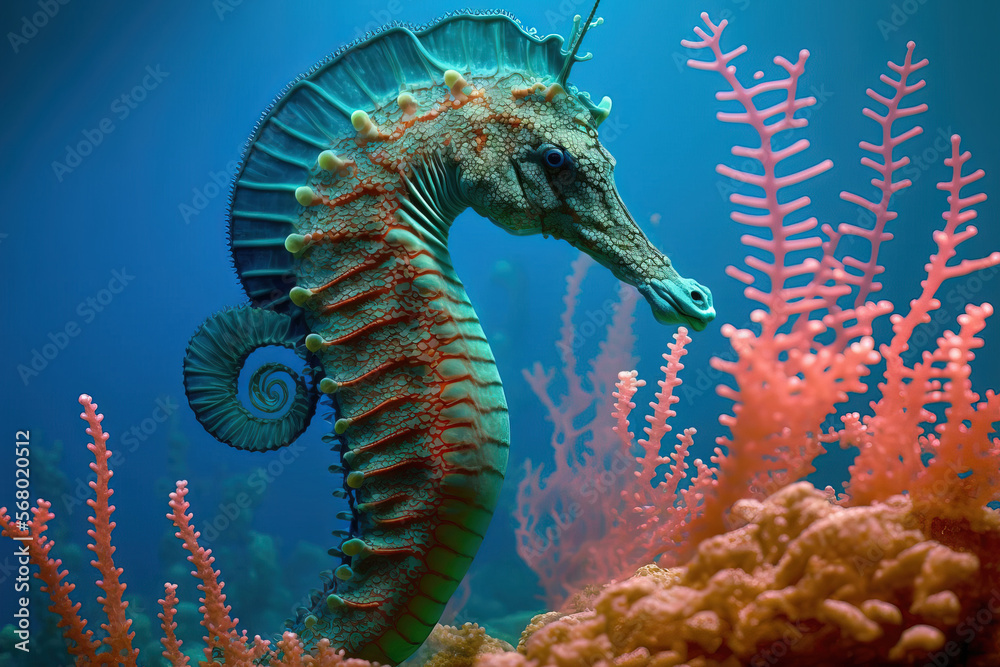 Wall mural swimming seahorse (Hippocampus). Generative AI - Wall murals