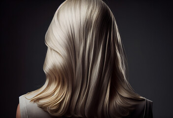 Naklejka premium Perfekte, gesunde und glänzende blonde Haare im Fokus eines Portraits. Perfekt für Friseur- Haarfarbe- und Shampoo- werbung. -Generative Ai