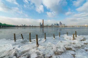 Han River in  winter with clear blue sky of Seoul City, SouthKore