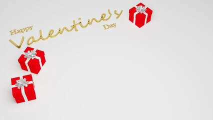 Valentine's day background with gift boxes. 3D rendering, red gift box, golden text, white background.