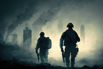 Obraz na płótnie Canvas Battle Concept Military figures engaged in combat against a war related fog background, World War Soldiers Cloudy Skyline is below. the evening. Combat in a destroyed city. selective attention