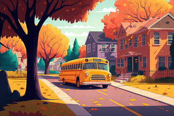 Obraz premium School bus on the street in a metropolitan suburb. Kids' animation depicts a street in fall with suburban homes, orange trees, and a yellow bus. Generative AI