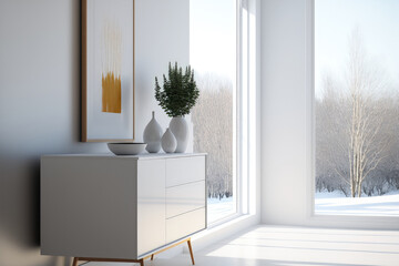 Interior of a white, barren, minimalist room with a hardwood floor, a vase on it, decorations, and a view of a white landscape via a window. Interior scenery Nordic interior design. Generative AI