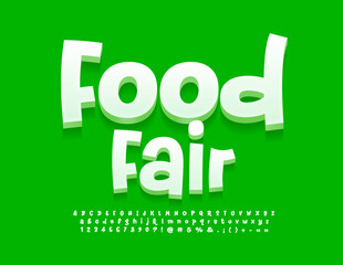Vector artistic Sign Food Fair. Funny white 3D Font. Modern set of Alphabet Letters and Numbers	