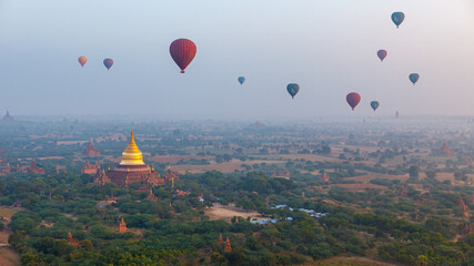 Hot Air Ballons over the Temple and Pagodas of Bagan in Myanmar