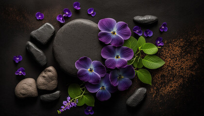 Spa composition with violet flowers and massage black stone on brown background top view