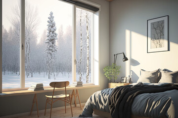 Scandinavian inspired modern bedroom interior design. huge window in apartment with winter view. illustration. Generative AI