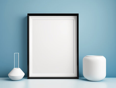 Empty black frame mockup with empty white border in modern minimalist interior with trendy vase on blue wall background. Generative AI.