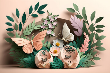 Paper floral background with butterflies created with Generative AI