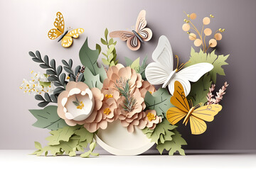 Paper background with flowers and butterflies created with Generative AI