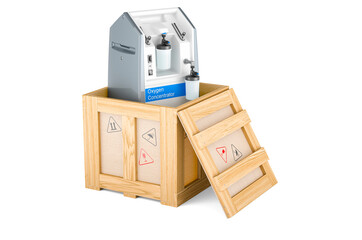 Home Oxygen Concentrator inside wooden box, delivery concept. 3D rendering