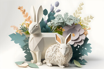 Paper Easter bunnies with flower bouquet created with Generative AI